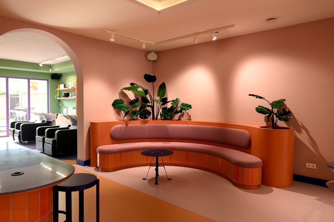 Hospitality interior with curved bench seating